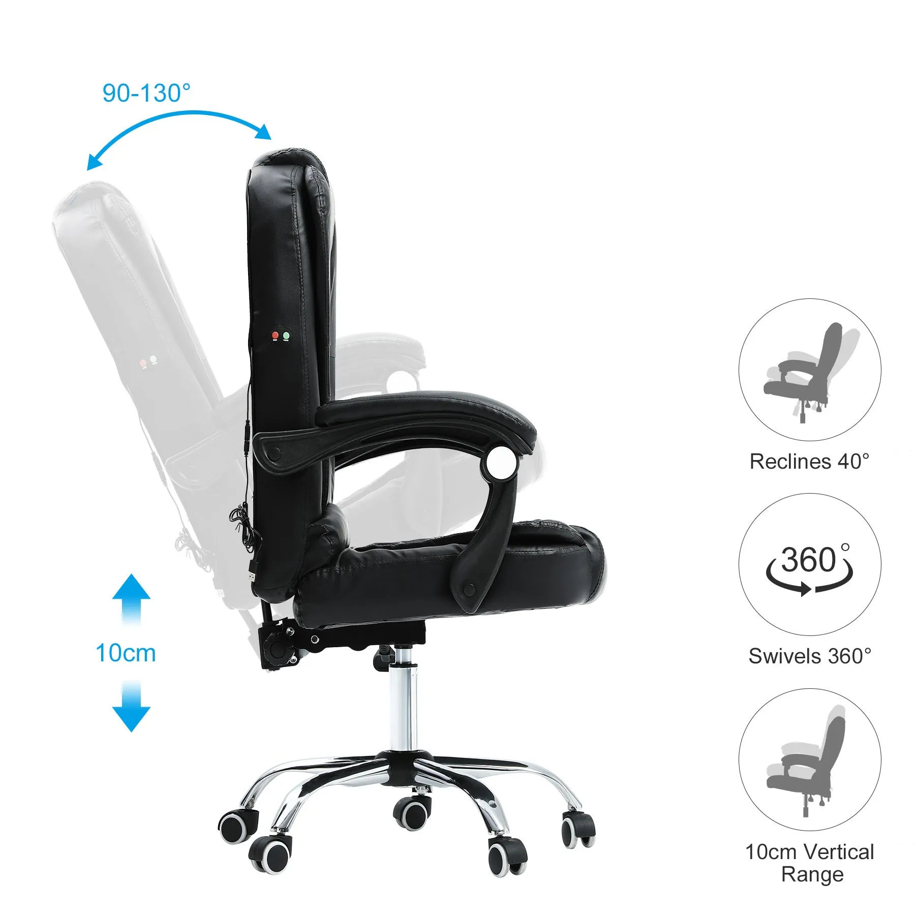 New assembled Bestco Luxury Black Reclining Swivel Office Gaming Chair! Note: USB cord for massage missing couldn't test, couple of tiny pin holes in fabric as shown in pics!