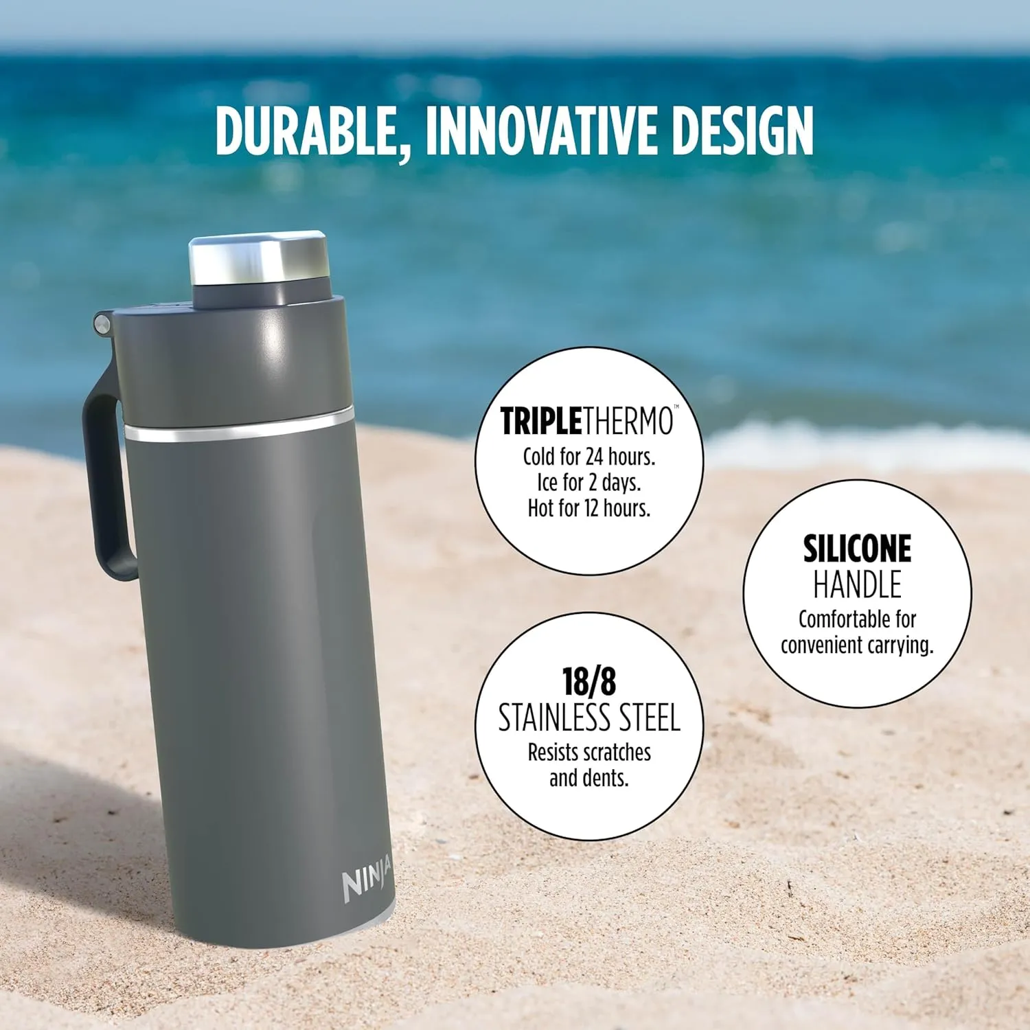 Ninja DW2401GY Thirsti 24oz Travel Water Bottle, For Carbonated Sparkling Drinks, Colder and Fizzier Longer, Leak Proof, 24 Hrs Cold, Dishwasher Safe, Stainless Steel Insulated Tumbler, Charcoal Gray