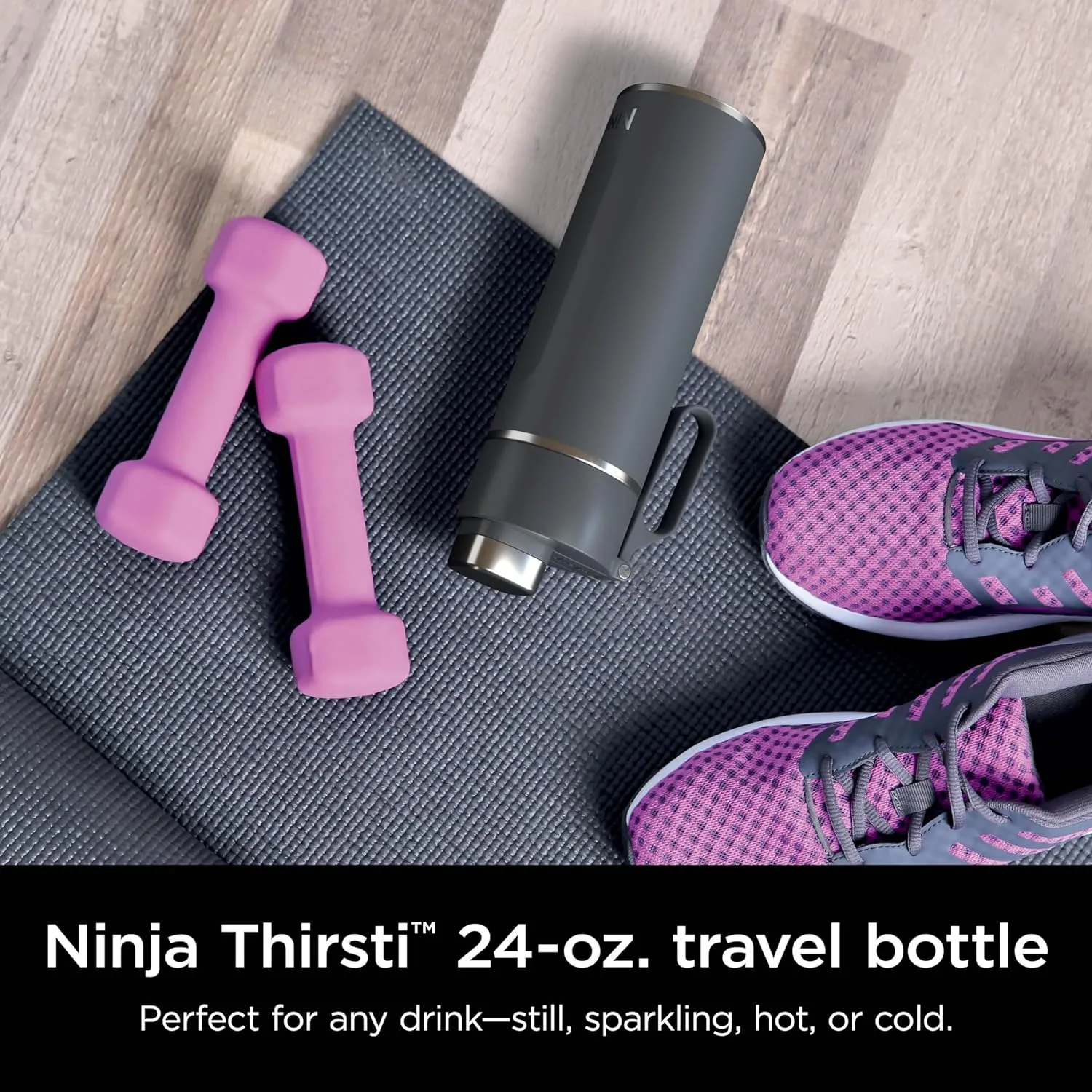 Ninja DW2401GY Thirsti 24oz Travel Water Bottle, For Carbonated Sparkling Drinks, Colder and Fizzier Longer, Leak Proof, 24 Hrs Cold, Dishwasher Safe, Stainless Steel Insulated Tumbler, Charcoal Gray