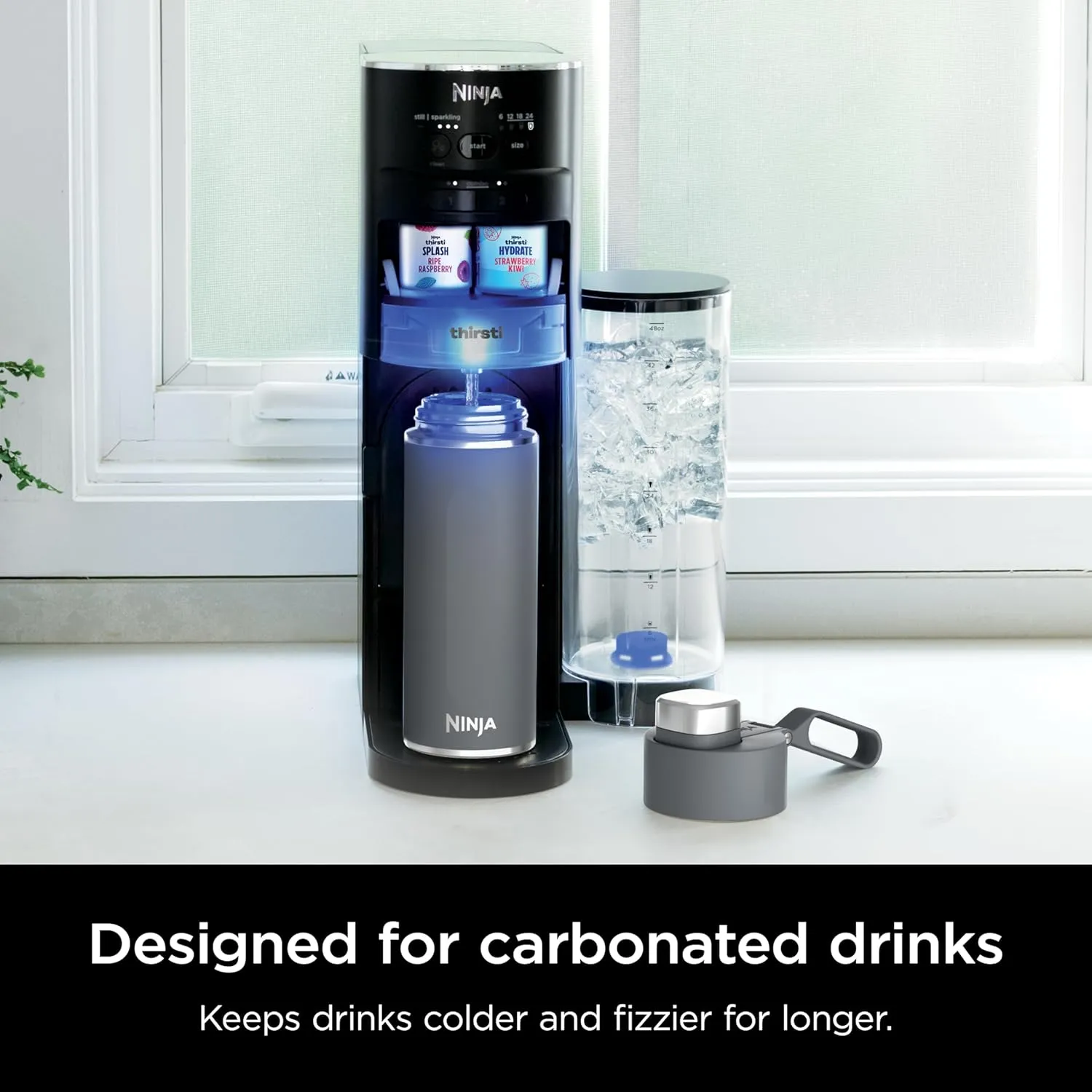 Ninja DW2401GY Thirsti 24oz Travel Water Bottle, For Carbonated Sparkling Drinks, Colder and Fizzier Longer, Leak Proof, 24 Hrs Cold, Dishwasher Safe, Stainless Steel Insulated Tumbler, Charcoal Gray