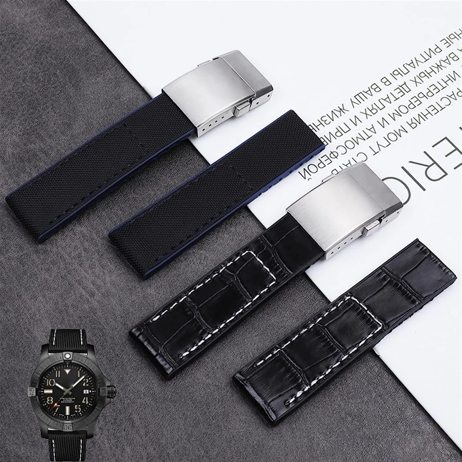 Nylon Watch Band Genuine Leather Watchband For Breitling Avenger Strap with Folding Buckle For NAVITIMER WORLD 22mm 24mm
