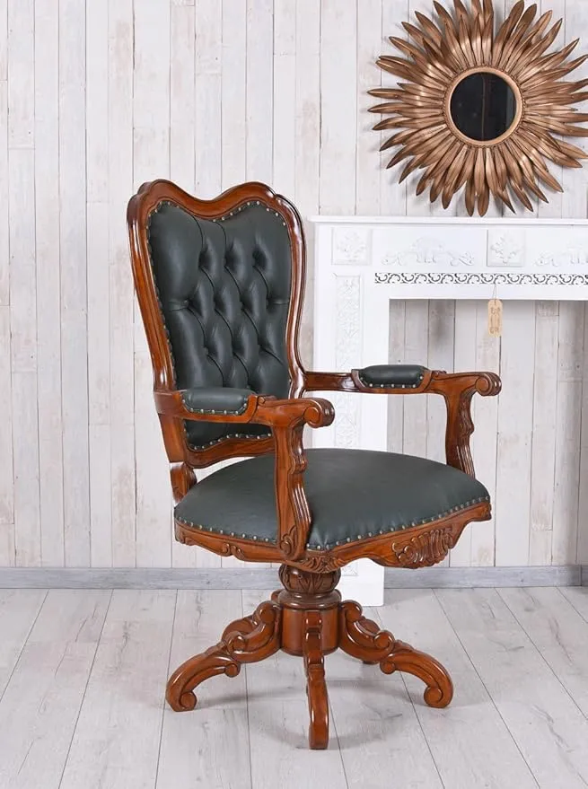 Office Director Chair Tufted Design Made in Solid wood with Leatherette and Soft Padded - Armrest and without Swivel Base and Polish