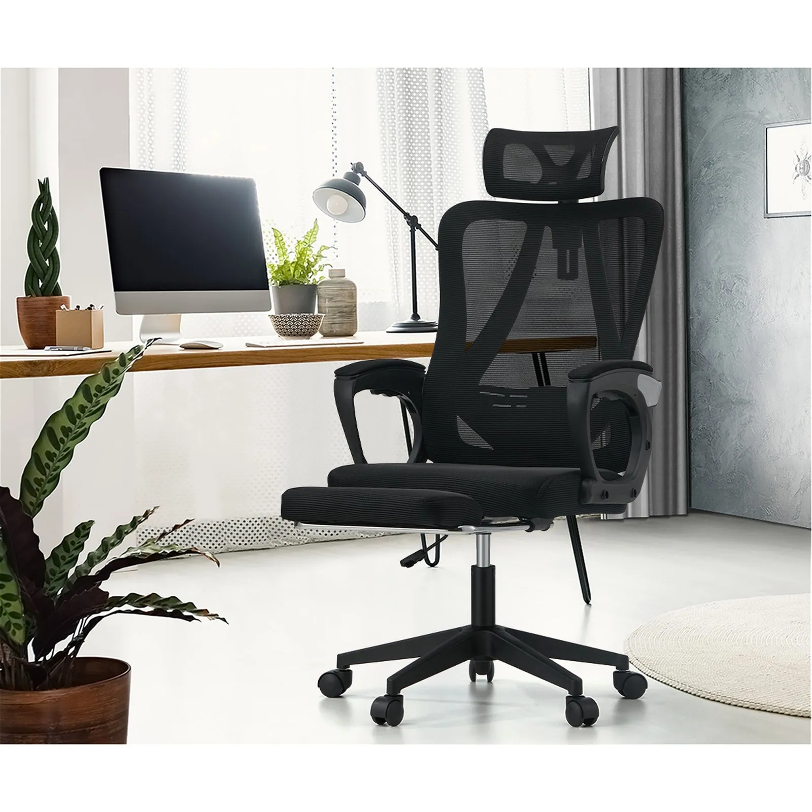 Oikiture Mesh Office Chair Adjustable Lumbar Support Reclining Footrest Black