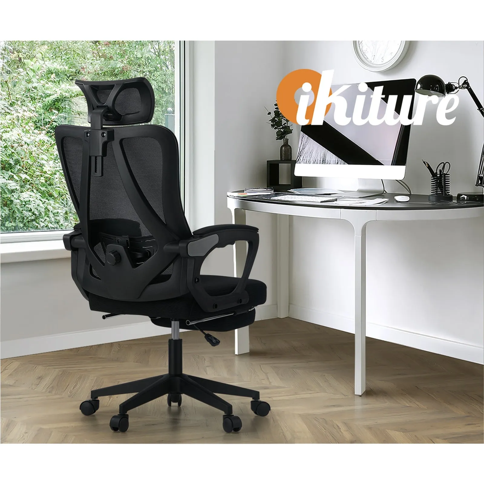 Oikiture Mesh Office Chair Adjustable Lumbar Support Reclining Footrest Black