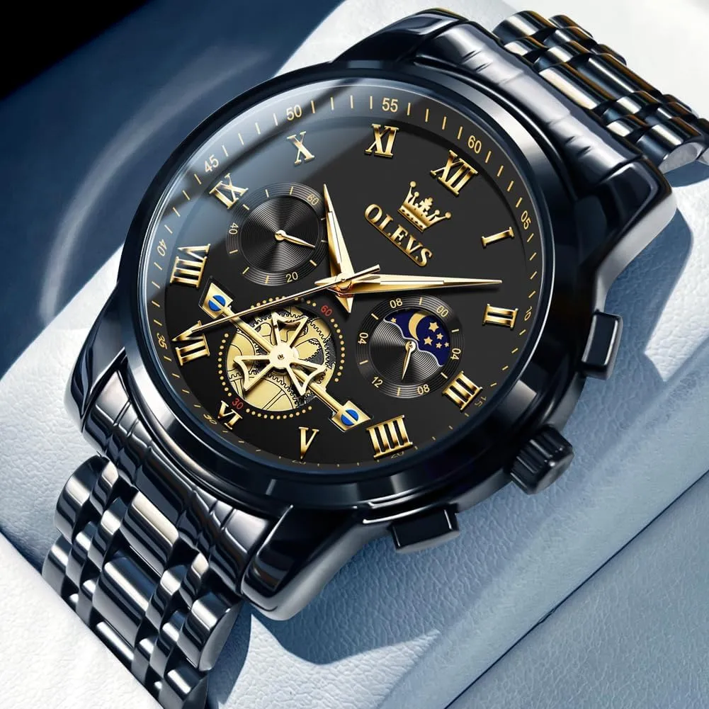 OLEVS Watches for Men with Date Luxury Big Face Waterproof Mens Wristwatch Analog Dress Two Tone Stainless Steel Man Watch Luminous Relojes De Hombre Calendar(Green/Blue/Black Dial