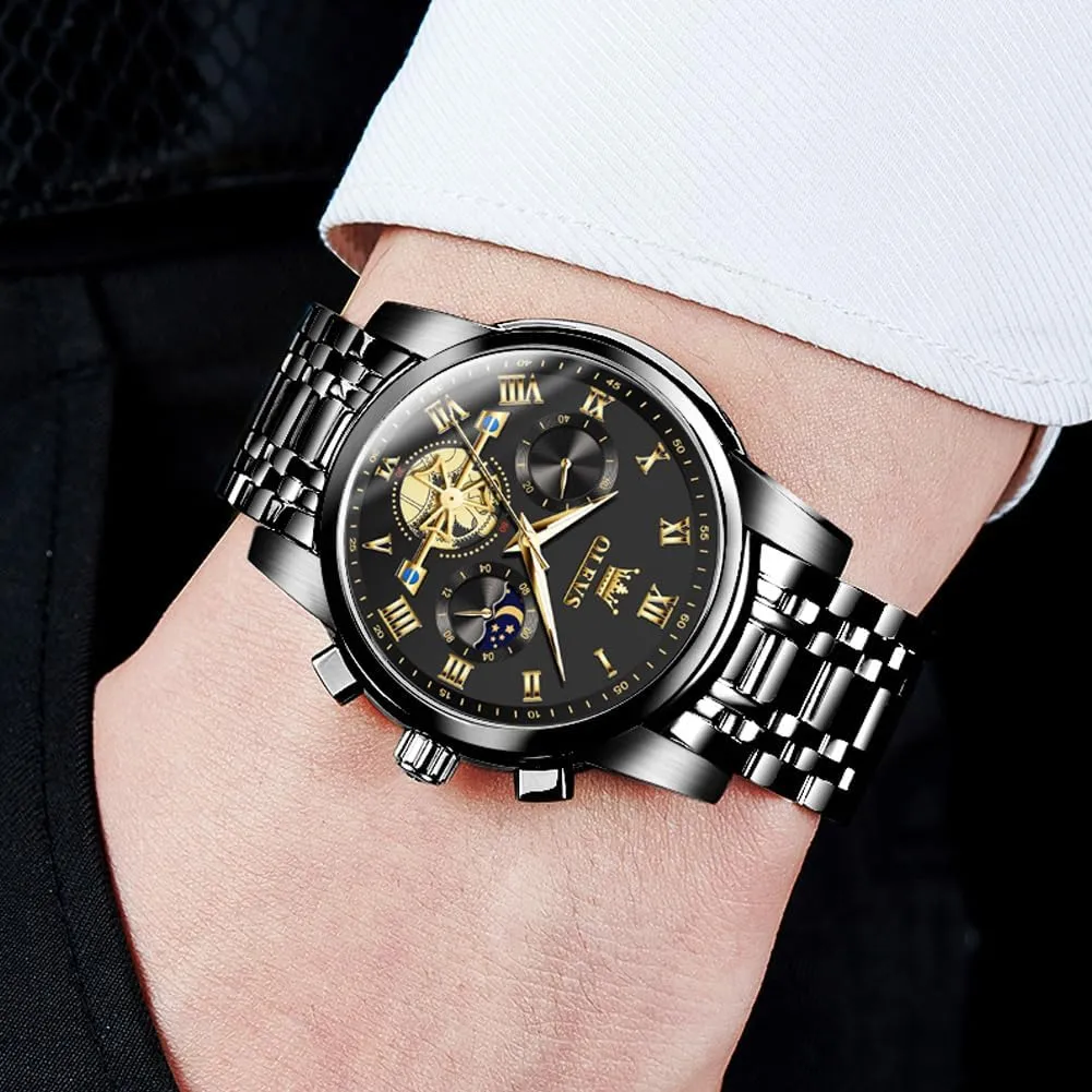 OLEVS Watches for Men with Date Luxury Big Face Waterproof Mens Wristwatch Analog Dress Two Tone Stainless Steel Man Watch Luminous Relojes De Hombre Calendar(Green/Blue/Black Dial