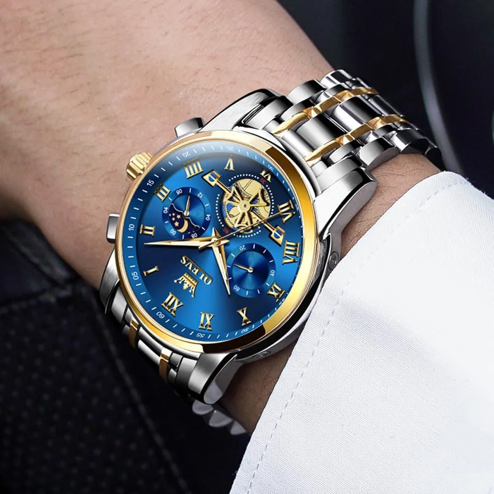 OLEVS Watches for Men with Date Luxury Big Face Waterproof Mens Wristwatch Analog Dress Two Tone Stainless Steel Man Watch Luminous Relojes De Hombre Calendar(Green/Blue/Black Dial