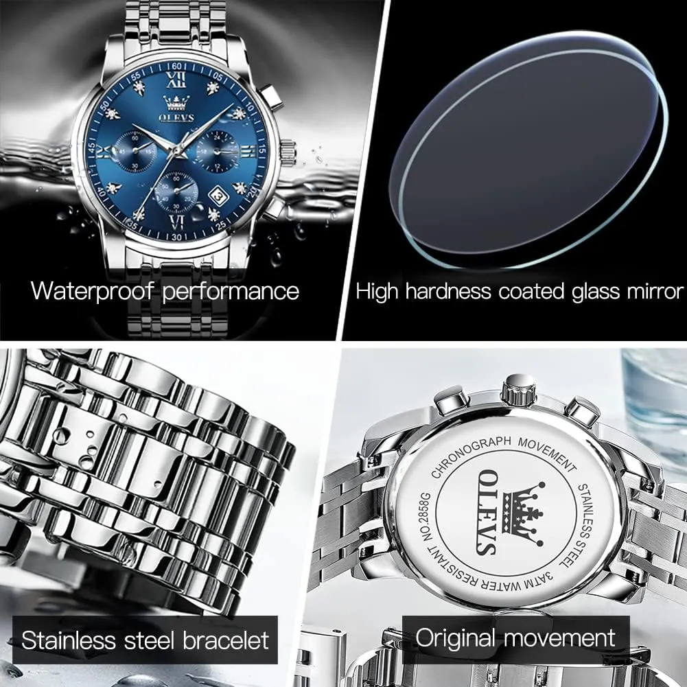 OLEVS Watches for Men with Date Luxury Big Face Waterproof Mens Wristwatch Analog Dress Two Tone Stainless Steel Man Watch Luminous Relojes De Hombre Calendar(Green/Blue/Black Dial