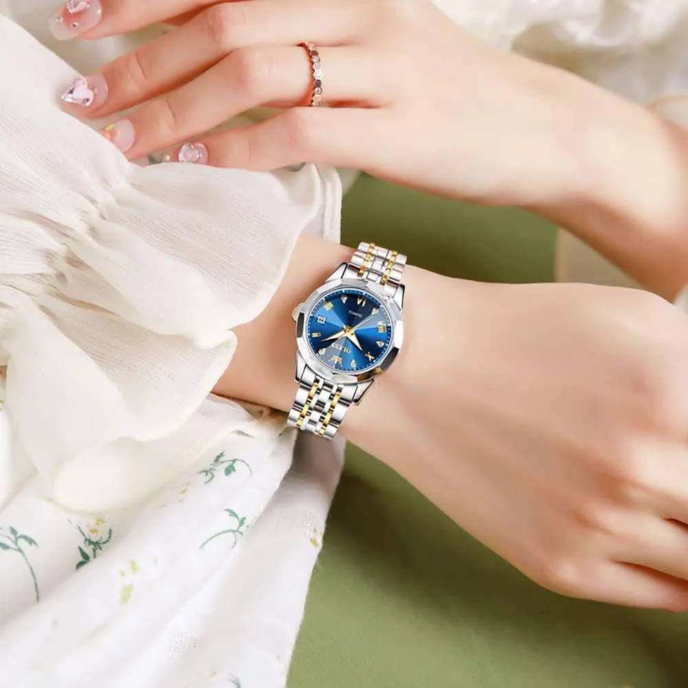 OLEVS Womens Watch Fashion Dress Diamond Female Watches for Ladies Analog Quartz Stainless Steel Waterproof Luminous Day Date Two Tone Wristwatch
