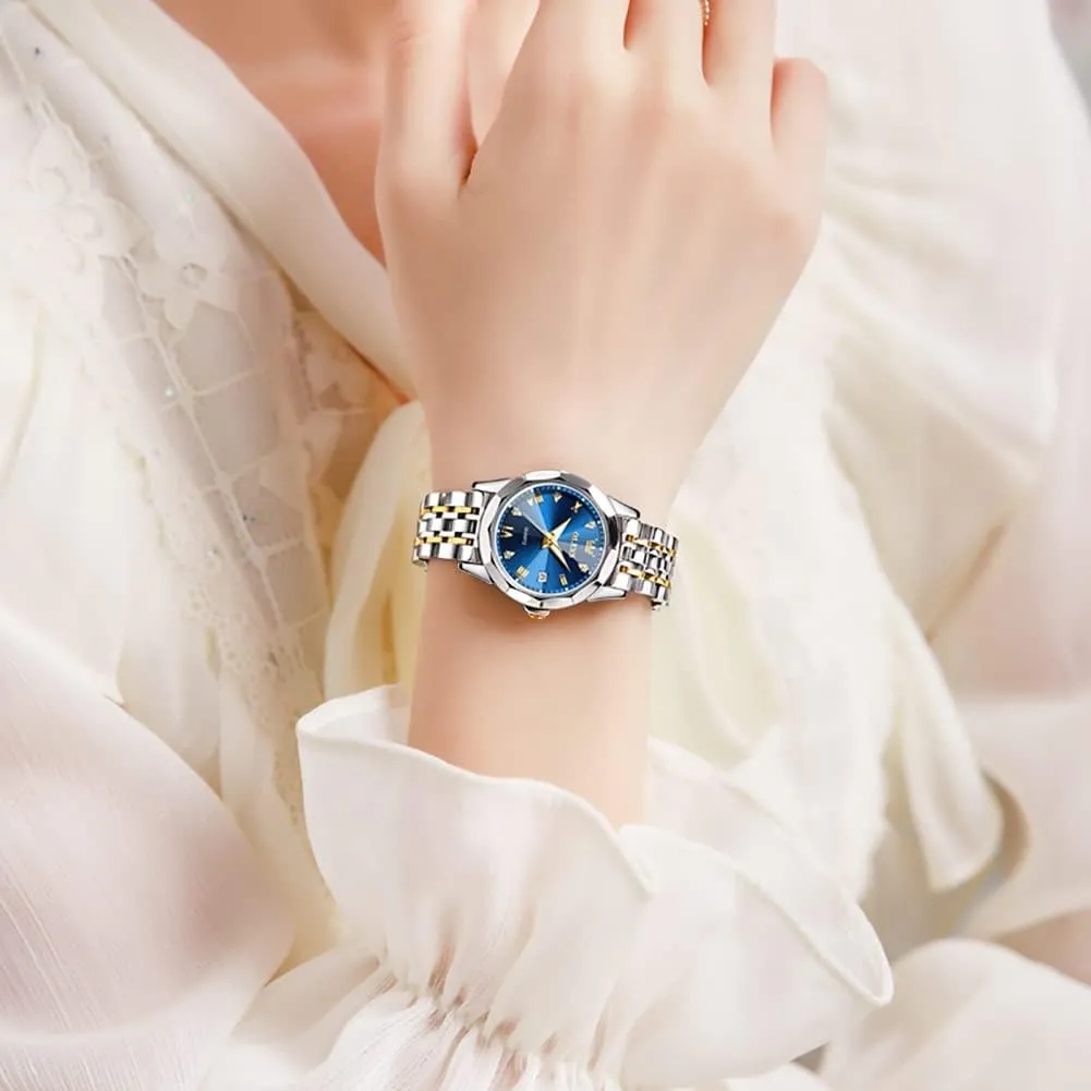 OLEVS Womens Watch Fashion Dress Diamond Female Watches for Ladies Analog Quartz Stainless Steel Waterproof Luminous Day Date Two Tone Wristwatch