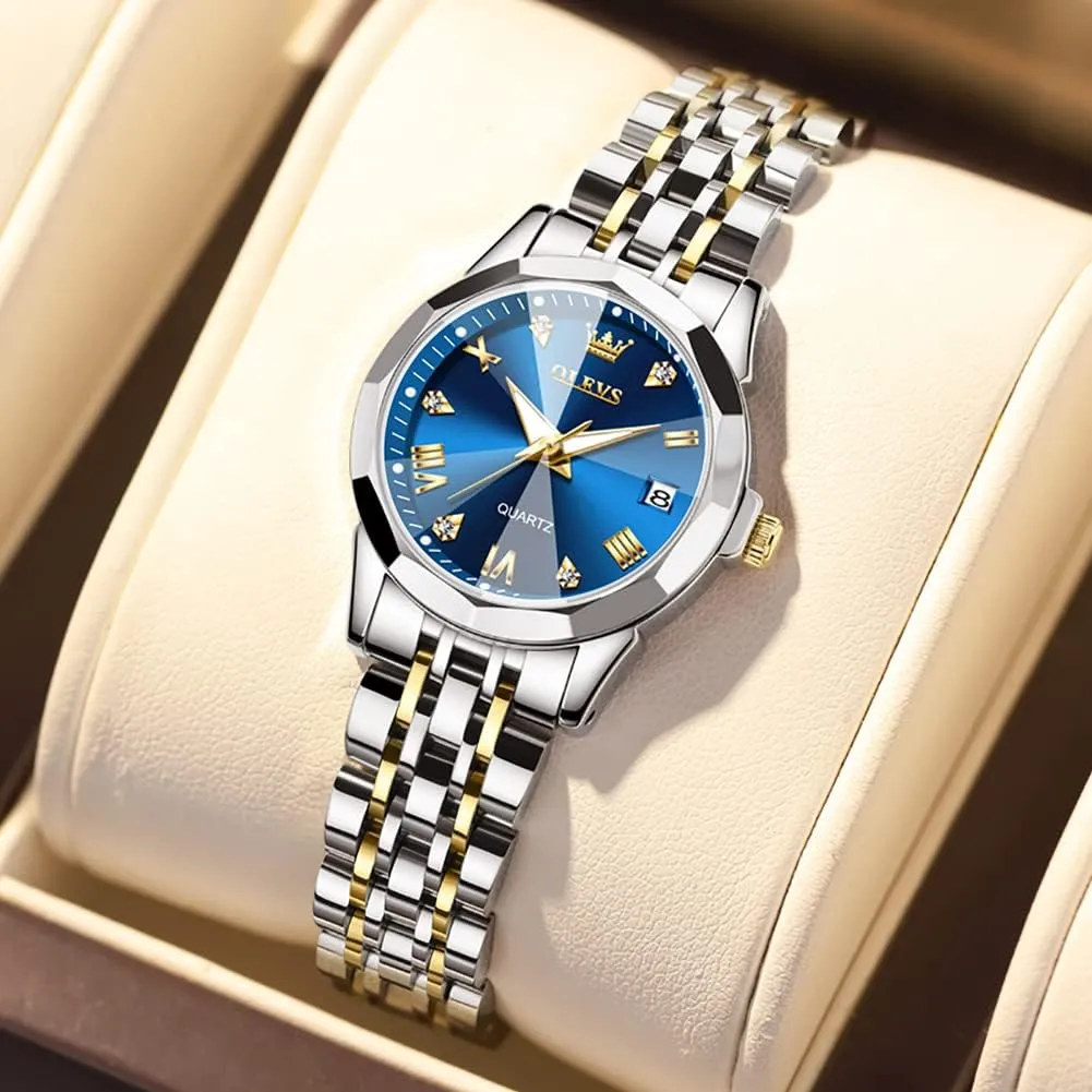 OLEVS Womens Watch Fashion Dress Diamond Female Watches for Ladies Analog Quartz Stainless Steel Waterproof Luminous Day Date Two Tone Wristwatch