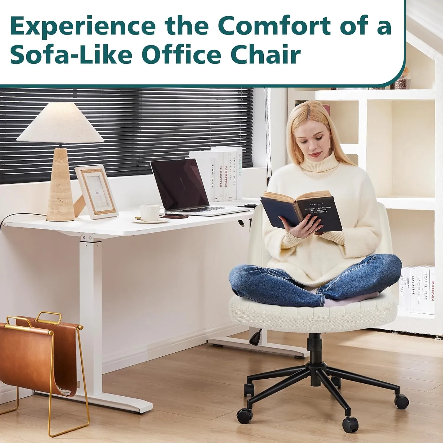 OLIXIS Criss Cross Legged Chairs Armless with Wheels Wide Seat Height Adjustable Swivel Padded Home Office Desk Seating for Bedroom, Student, Study Room