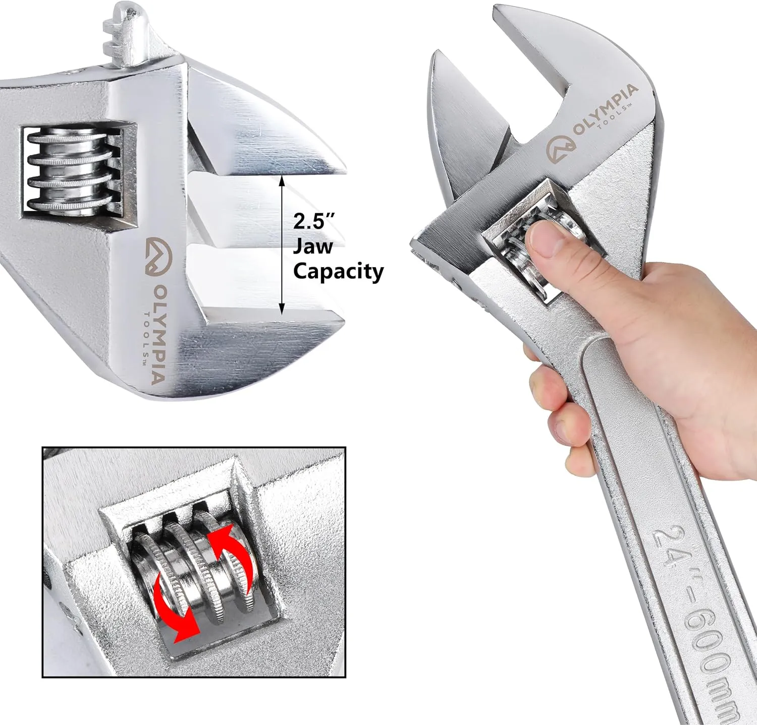 Olympia Tools 24" Adjustable Wrench, Heavy Duty Drop Forged Steel, Chrome Plated, Precision Machined Jaws, Rust Resistant