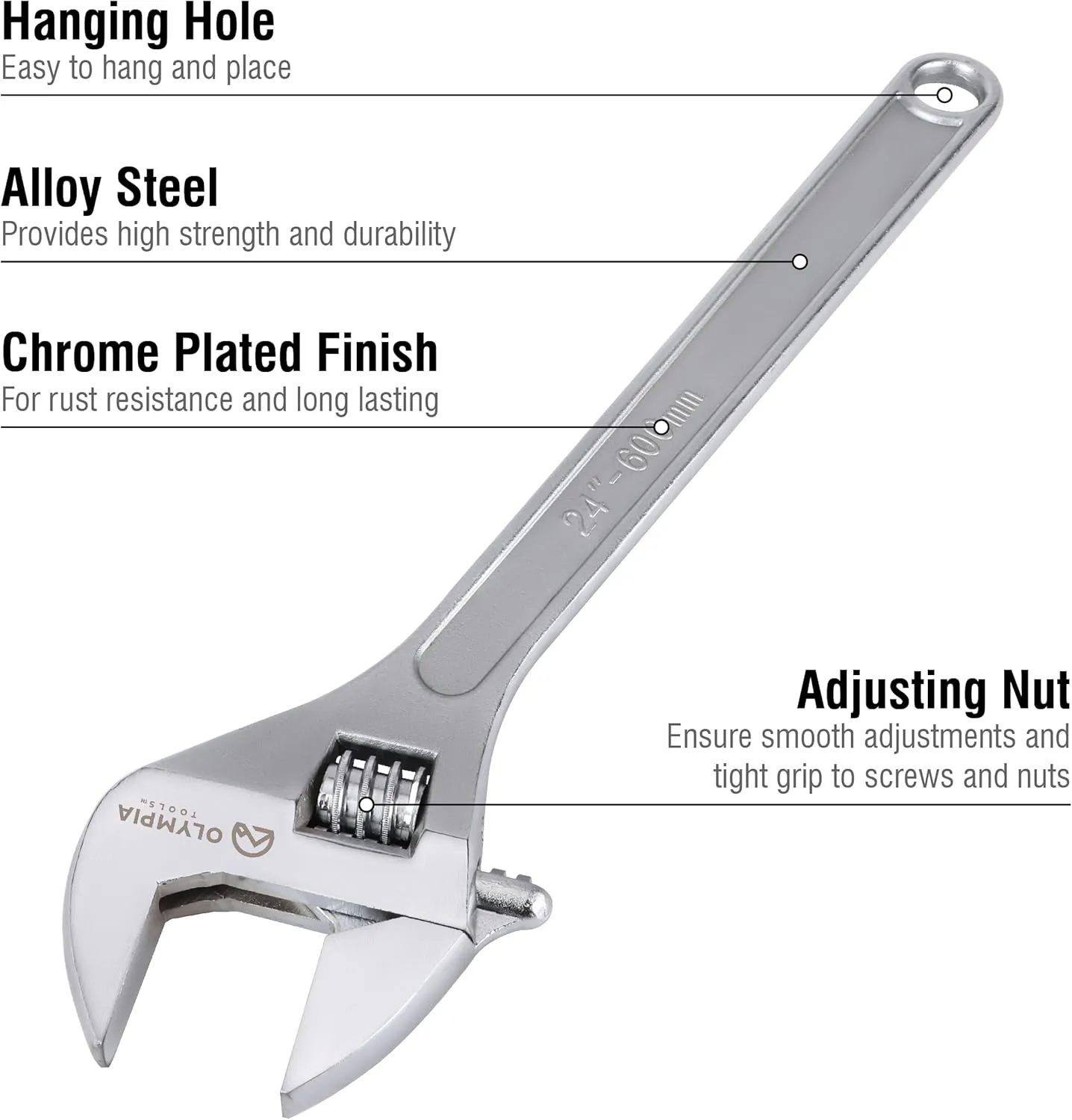 Olympia Tools 24" Adjustable Wrench, Heavy Duty Drop Forged Steel, Chrome Plated, Precision Machined Jaws, Rust Resistant
