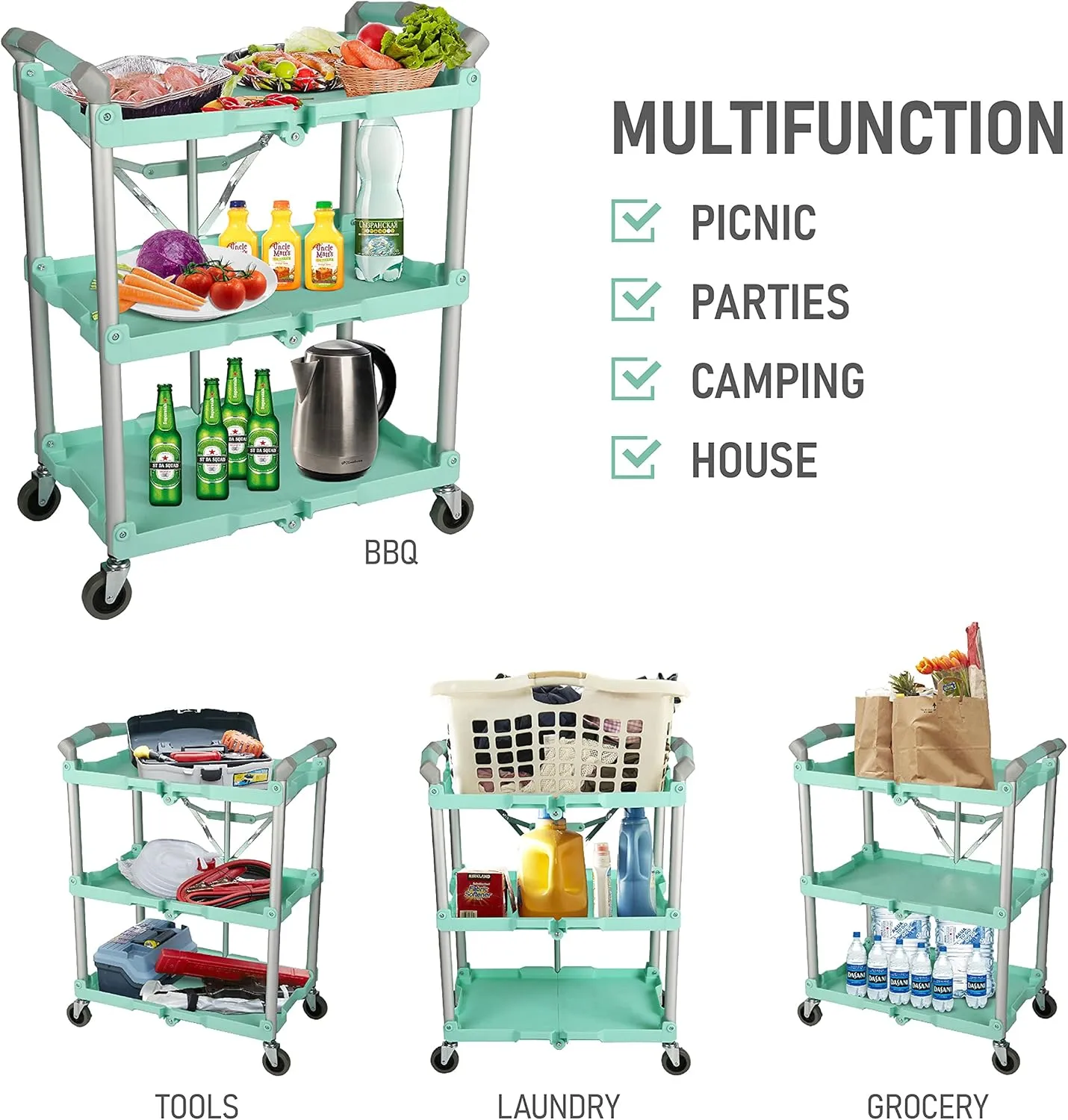 Olympia Tools 89-349 Pack-N-Roll Folding Collapsible Service Cart, 150LB Capacity, Teal