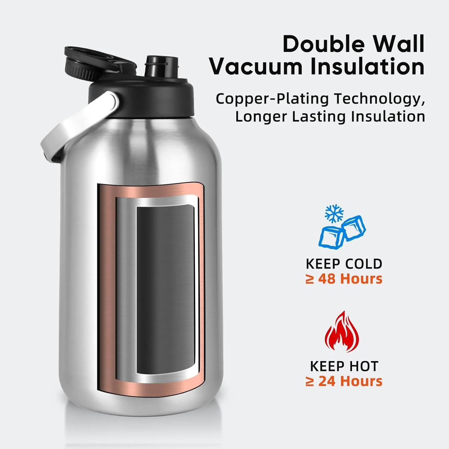 One Gallon Water Bottle, 128oz Stainless Steel Insulated Water Bottle For Hot & Cold Drinks, BPA-Free, Wide Mouth, Leak-Proof Big Water Jug With Handle For Sports, Travel, Hinking & Camping, Silver