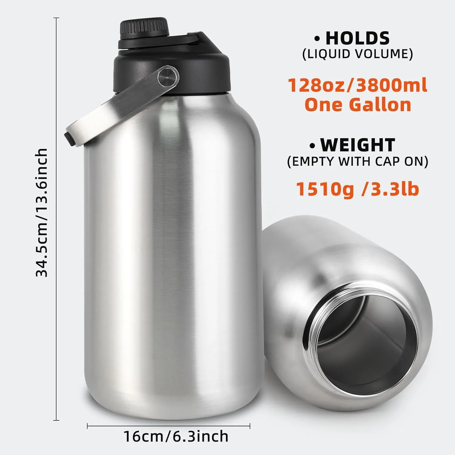 One Gallon Water Bottle, 128oz Stainless Steel Insulated Water Bottle For Hot & Cold Drinks, BPA-Free, Wide Mouth, Leak-Proof Big Water Jug With Handle For Sports, Travel, Hinking & Camping, Silver