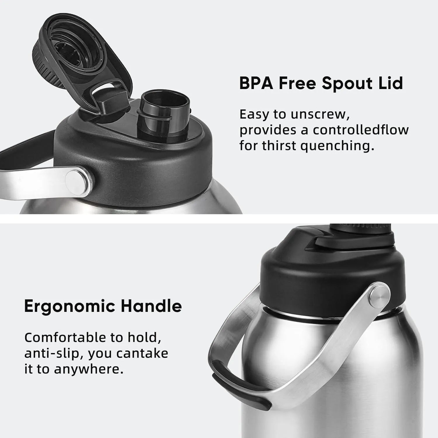 One Gallon Water Bottle, 128oz Stainless Steel Insulated Water Bottle For Hot & Cold Drinks, BPA-Free, Wide Mouth, Leak-Proof Big Water Jug With Handle For Sports, Travel, Hinking & Camping, Silver