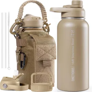 OneTigris 32 oz Insulated Water Bottle with Straw - Tactical Stainless Steel Water Jug, Leakproof Thermos Wide Mouth Sport bottle with 3 Lids and Sleeve for Travel, Gym, Camping, Hiking