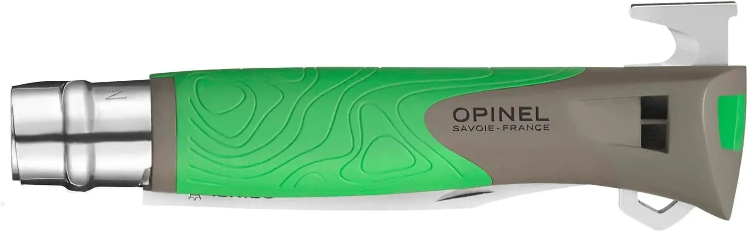 OPINEL No.12 Explore with Tick Remover, Bushcraft Survival Outdoor Camping Knife, Integrated Whistle, Cutting Hook, Made in France (Green)