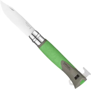 OPINEL No.12 Explore with Tick Remover, Bushcraft Survival Outdoor Camping Knife, Integrated Whistle, Cutting Hook, Made in France (Green)
