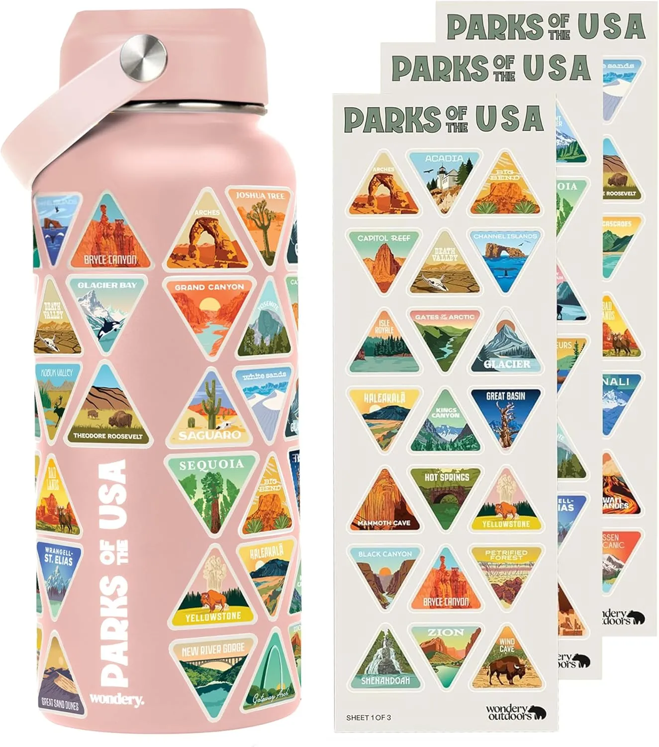 Original National Parks of the USA Bucket List Travel Water Bottle Mother's Day Pink Ocean 32 oz Screen Printed | Insulated Stainless Steel Vacuum Sealed | Leak Proof
