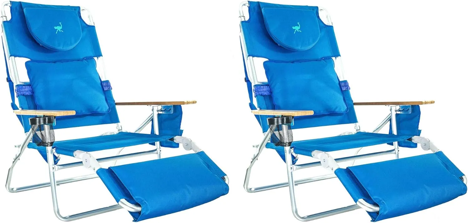 Ostrich Deluxe Padded 3-N-1 Outdoor Lounge Reclining Beach Chair, Blue (2 Pack)