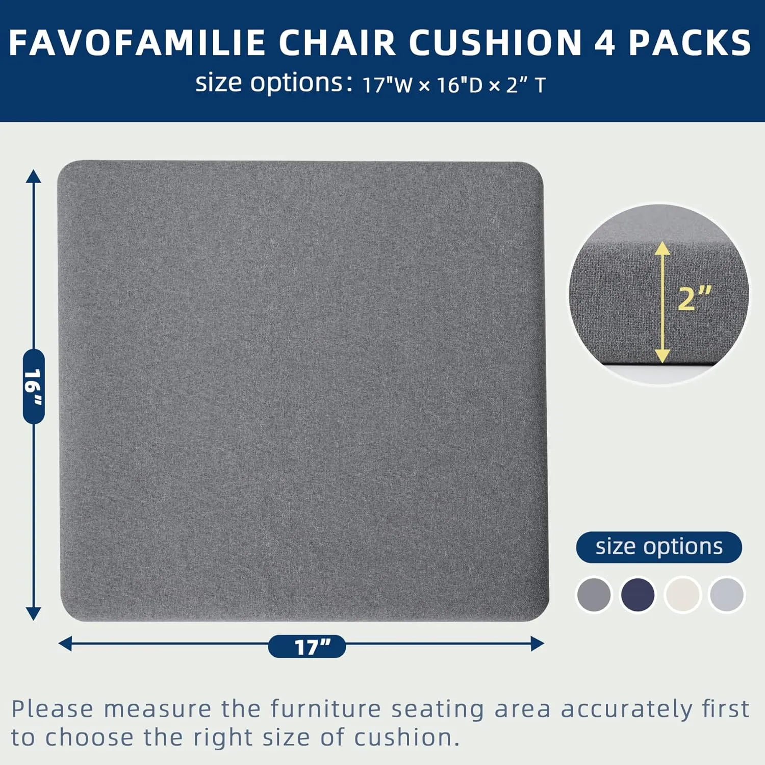 Outdoor Chair Cushions Set of 4, Water-Resistant & Fadeness 17" W x 16" D x 2" T Seat Cushion, High Density Foam with Dual Straps for Patio Garden Furniture Sofa Dining Chairs, Dark Grey