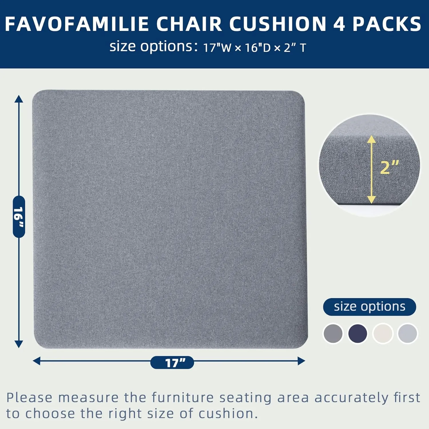 Outdoor Chair Cushions Set of 4, Water-Resistant & Fadeness 17" W x 16" D x 2" T Seat Cushion, High Density Foam with Dual Straps for Patio Garden Furniture Sofa Dining Chairs, Light Grey