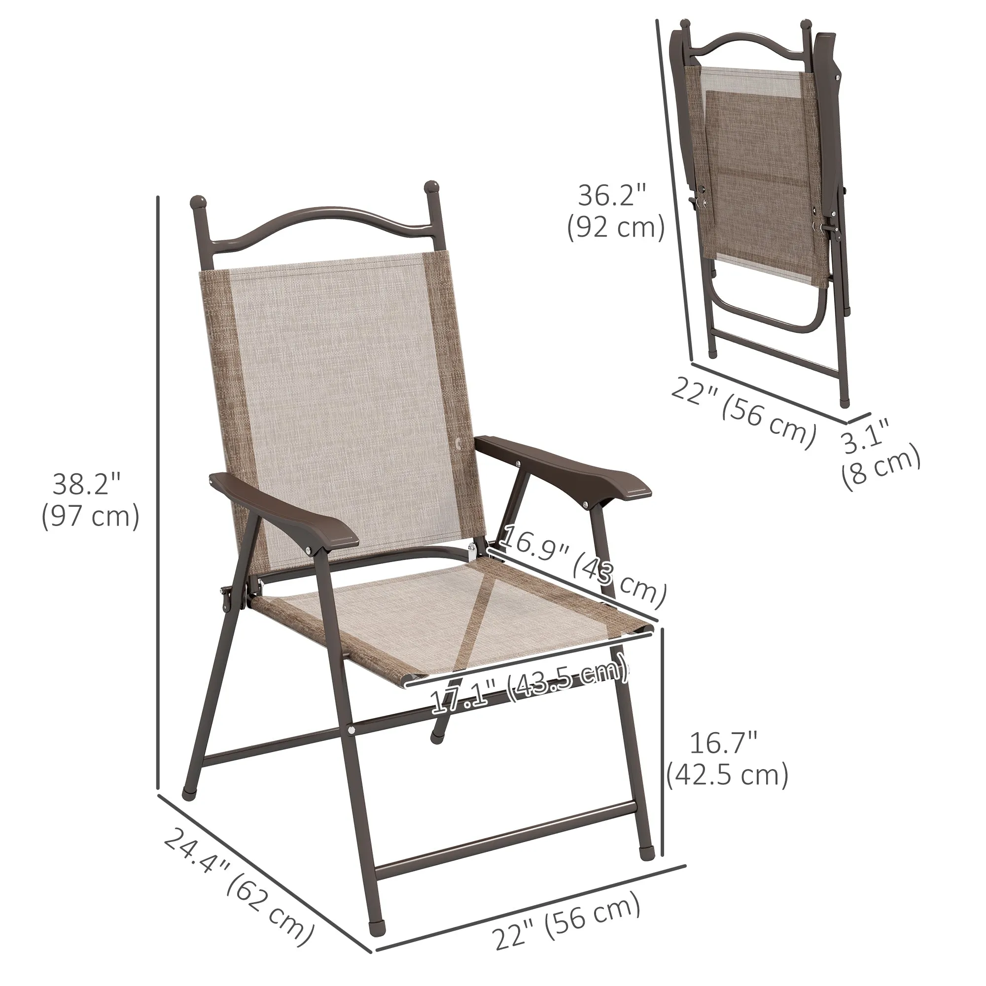 Outdoor Dining Chairs Set of 2, Folding Outdoor Patio Chairs with Armrests, Mesh Seat, High Backrest, All Weather for Backyard, Balcony, Porch, Poolside, Deck, Brown