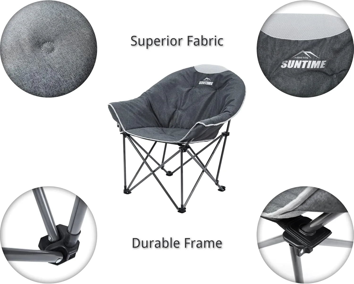 OUTDOOR LIVING SUNTIME Oversized Padded Moon Round Saucer Sofa Chair, Portable Folding Camping Chair, with Removable Footrest, Carry Bag - Gray