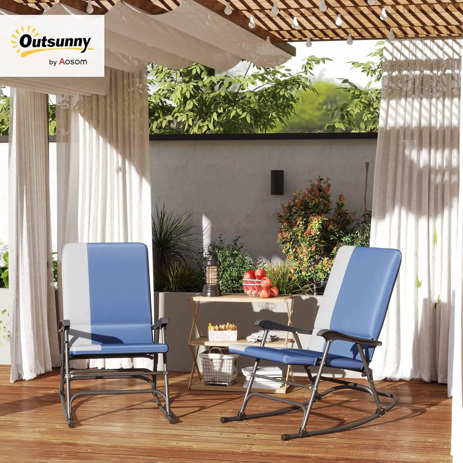 Outsunny Folding Outdoor Rocking Chairs Set of 2, Oversized Outdoor Rocking Camping Chair with 400 lbs. Capacity, Wide Seat, Padded High Back for Patio, Porch, Garden, Dark Blue
