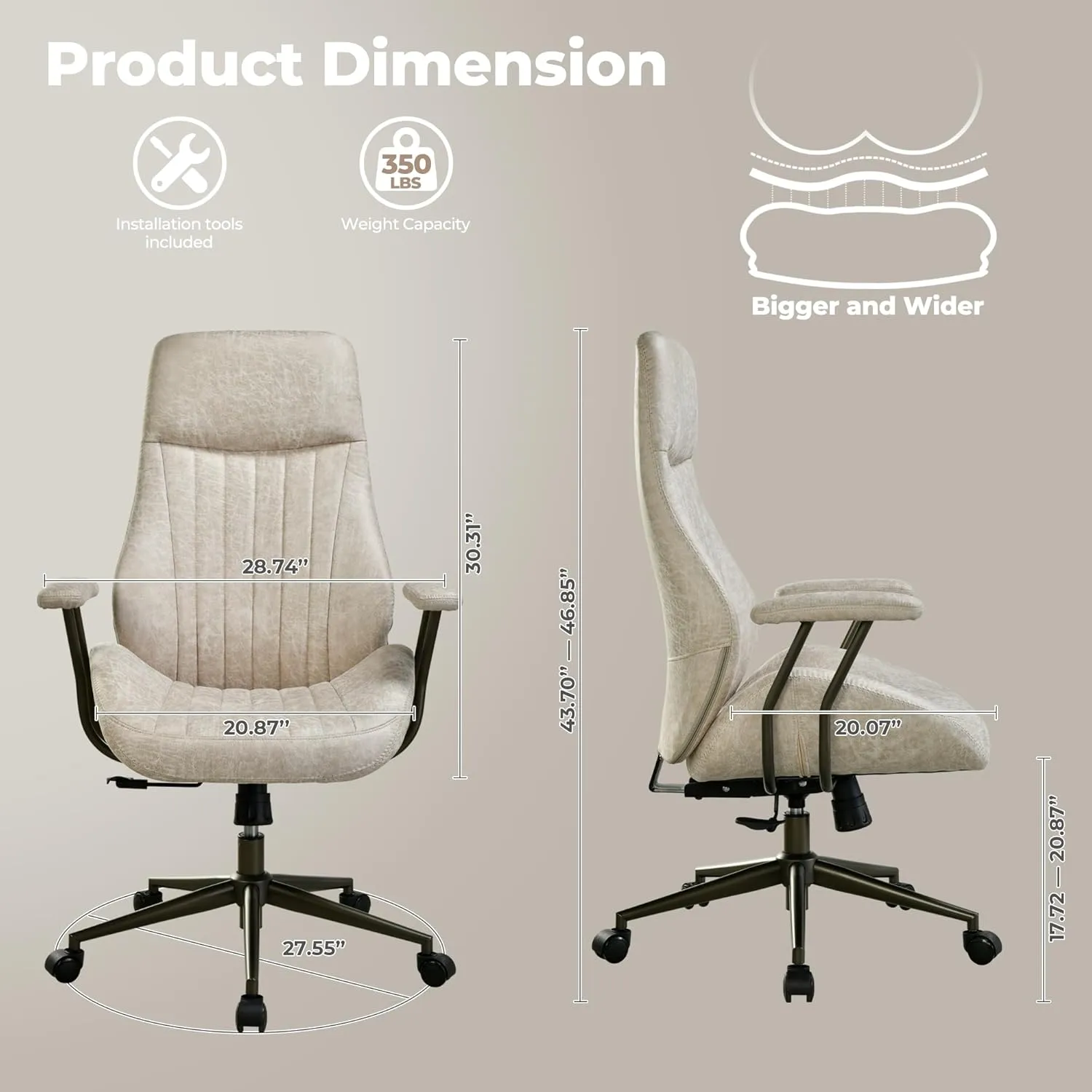 ovios Ergonomic Home Office Chair, Mid-Century Modern Faux Leather Chairs with Padded Armrests, Comfy High Back Swivel Rolling Executive Computer Armchair (Beige, Suede Leather)