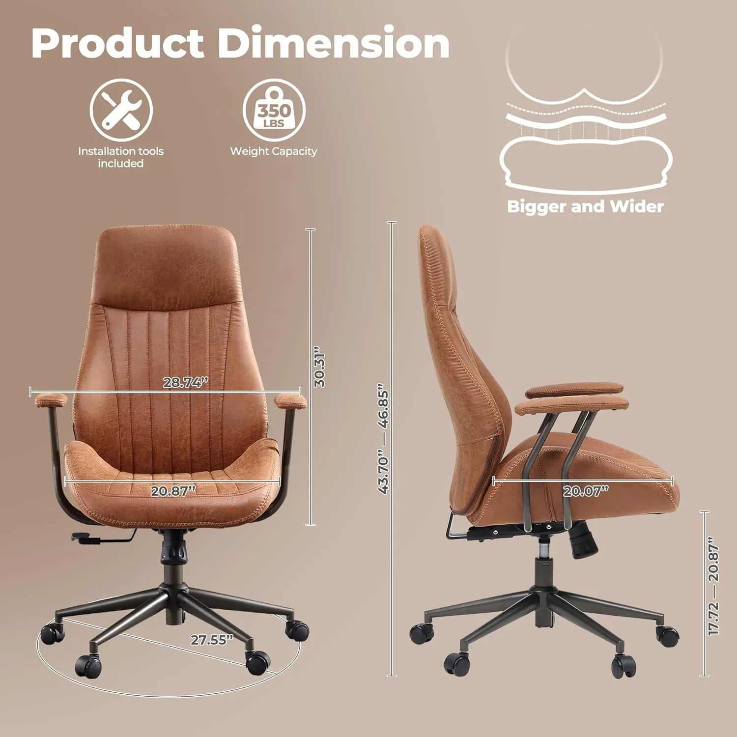 ovios Ergonomic Home Office Chair, Mid-Century Modern Faux Leather Chairs with Padded Armrests, Comfy High Back Swivel Rolling Executive Computer Armchair (Brown, Suede Leather)