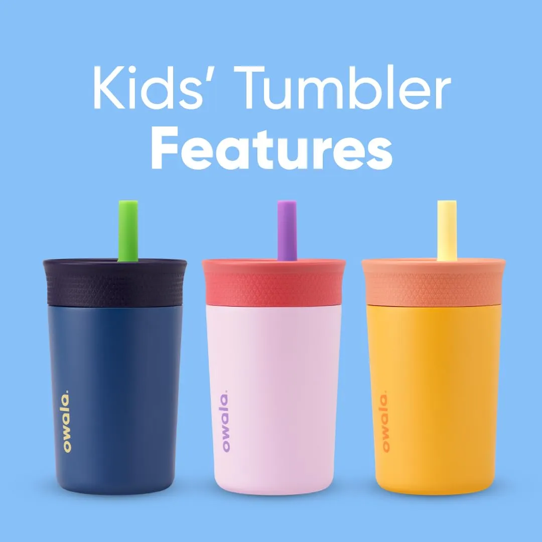 Owala Kids Insulation Stainless Steel Tumbler with Spill Resistant Flexible Straw, Easy to Clean, Kids Water Bottle, Great for Travel, Dishwasher Safe, 12 Oz, Pink and Purple (Lilac Rocket)