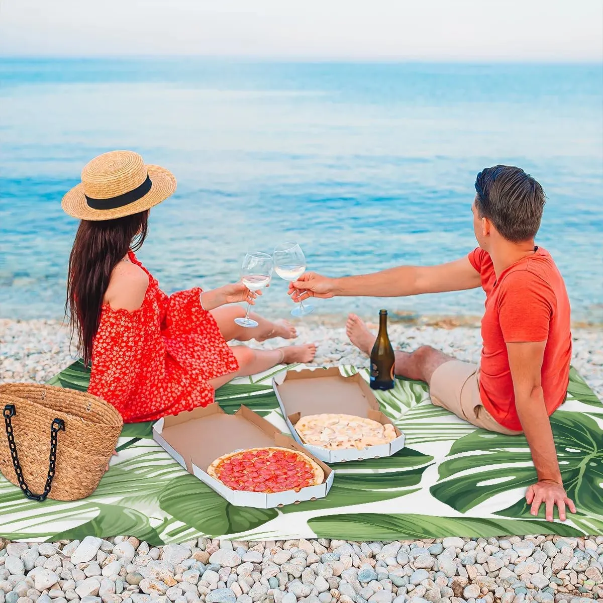 Palm Leaves Beach Blanket, Sandproof Beach Mat, 68 x 59 Waterproof Quick Drying Sand Free Mat with 4 x Ground Spikes for Outdoor Travel Camping Hiking, Tropical Palm Leaf