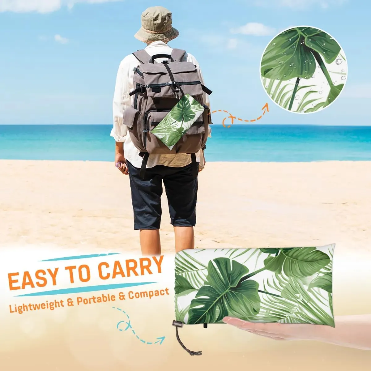 Palm Leaves Beach Blanket, Sandproof Beach Mat, 68 x 59 Waterproof Quick Drying Sand Free Mat with 4 x Ground Spikes for Outdoor Travel Camping Hiking, Tropical Palm Leaf