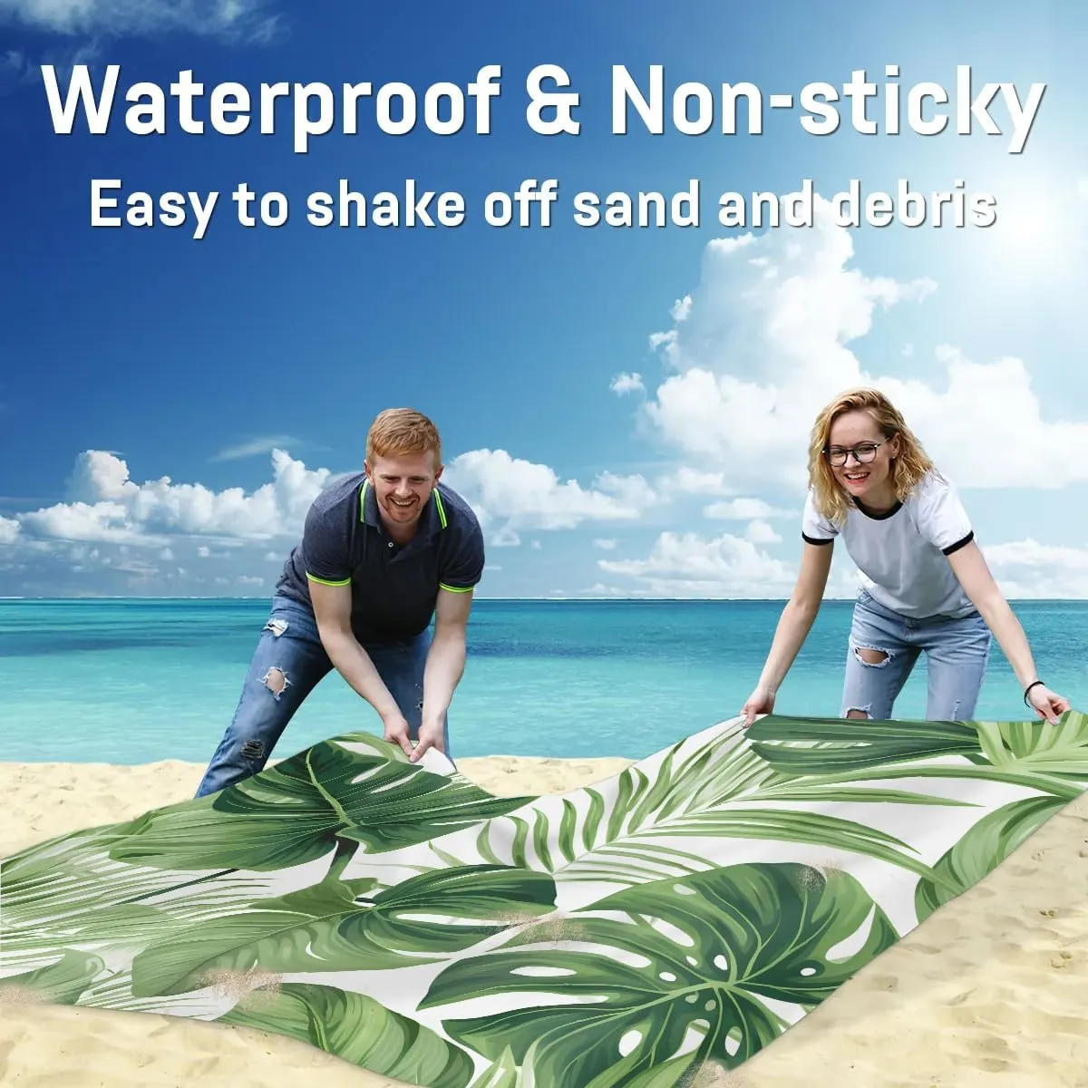 Palm Leaves Beach Blanket, Sandproof Beach Mat, 68 x 59 Waterproof Quick Drying Sand Free Mat with 4 x Ground Spikes for Outdoor Travel Camping Hiking, Tropical Palm Leaf