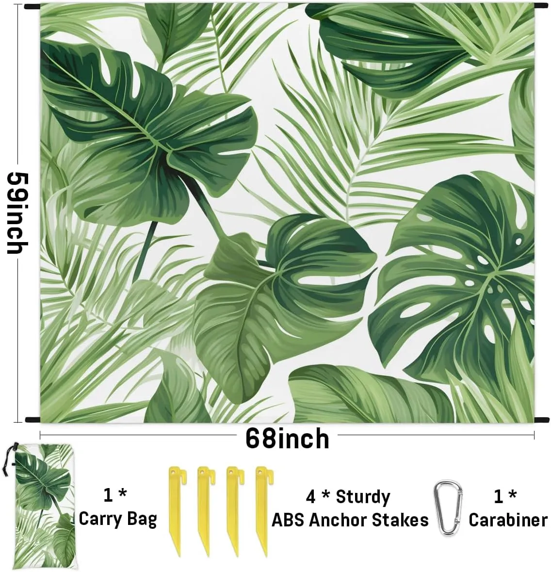 Palm Leaves Beach Blanket, Sandproof Beach Mat, 68 x 59 Waterproof Quick Drying Sand Free Mat with 4 x Ground Spikes for Outdoor Travel Camping Hiking, Tropical Palm Leaf