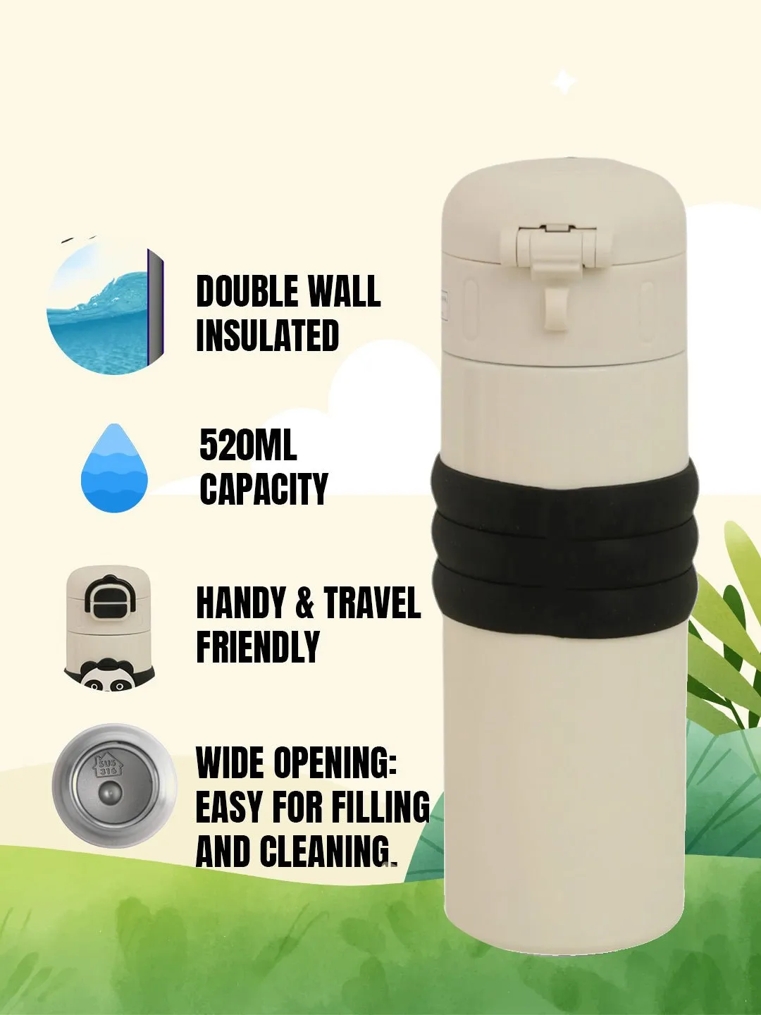 Panda Dual Sipper Steel Doubled Walled Insulated Bottle- 520 ML