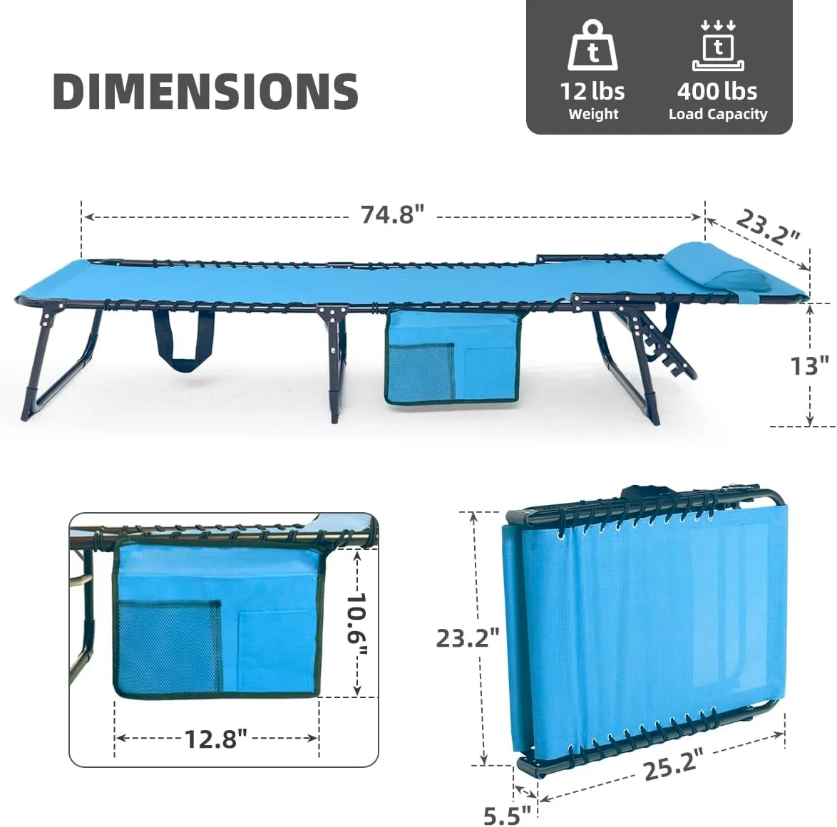 Patio Lounge Chair Folding Chaise Bed - Heavy-Duty 400lb Capacity Portable Adjustable Recliner w/Pillow for Pool, Camping, Sunbathing - Lay Flat Design (Light Blue)