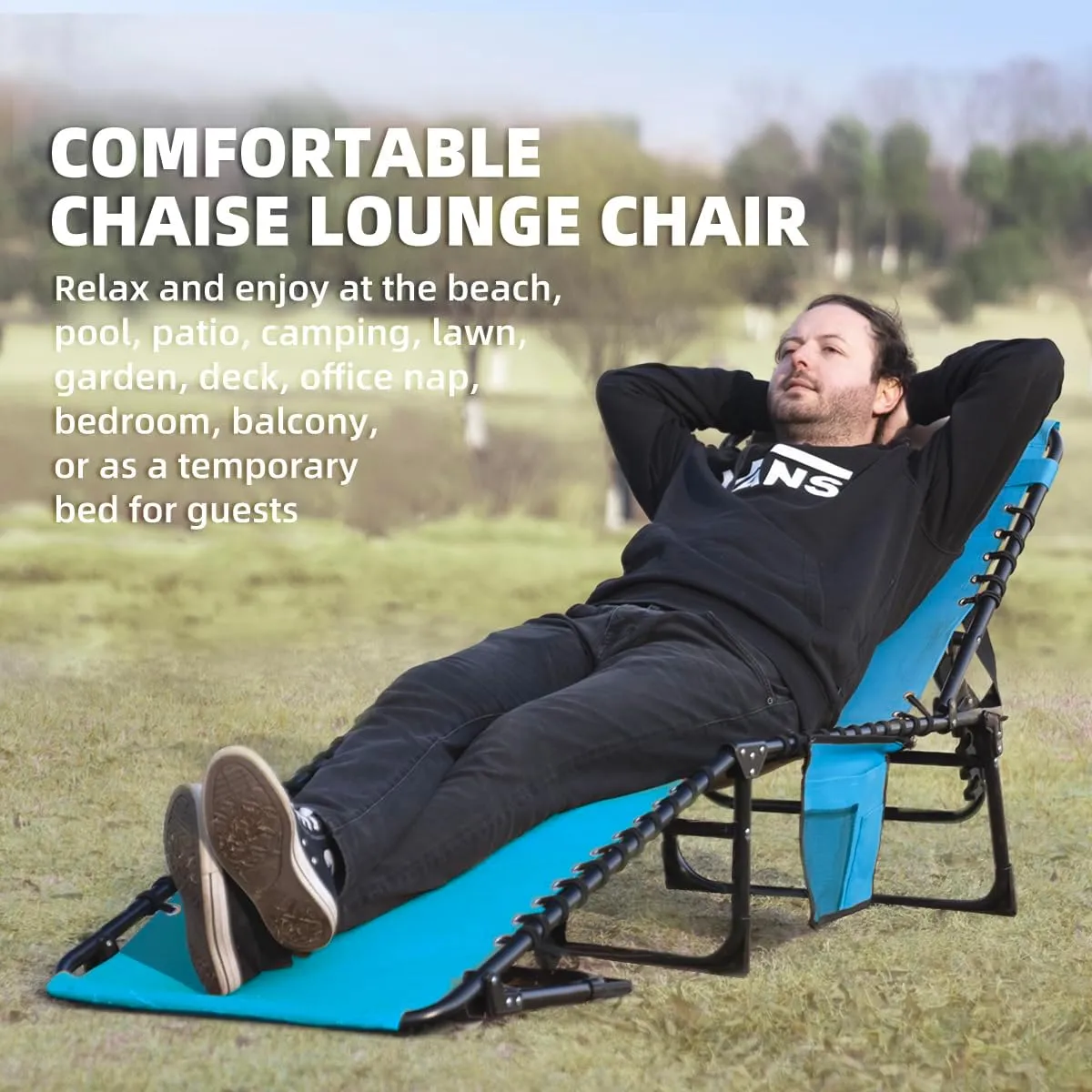 Patio Lounge Chair Folding Chaise Bed - Heavy-Duty 400lb Capacity Portable Adjustable Recliner w/Pillow for Pool, Camping, Sunbathing - Lay Flat Design (Light Blue)
