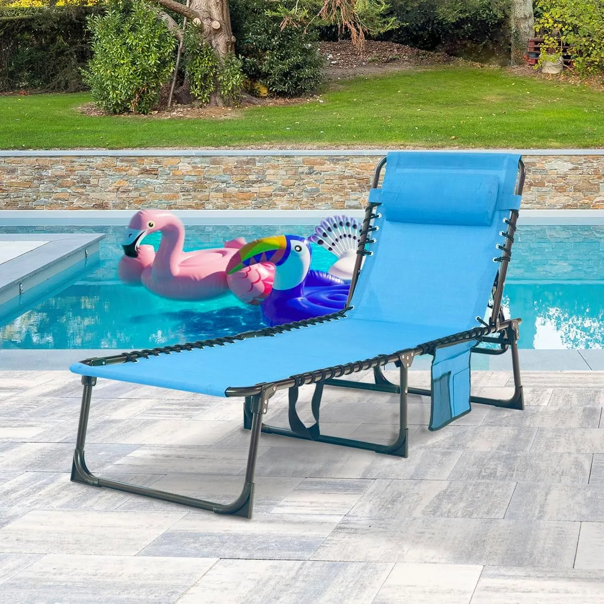 Patio Lounge Chair Folding Chaise Bed - Heavy-Duty 400lb Capacity Portable Adjustable Recliner w/Pillow for Pool, Camping, Sunbathing - Lay Flat Design (Light Blue)