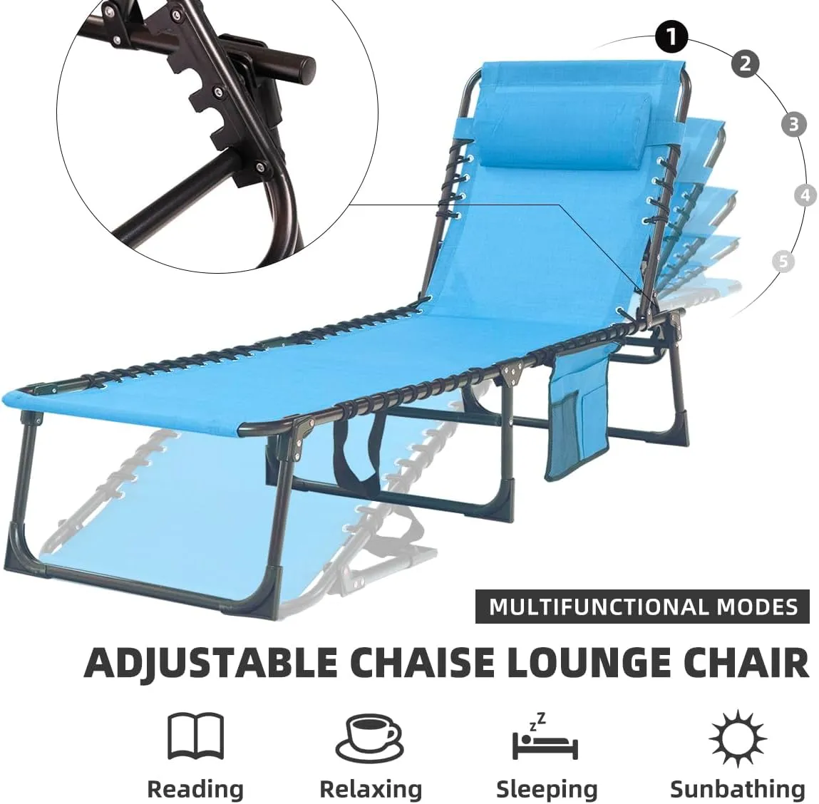 Patio Lounge Chair Folding Chaise Bed - Heavy-Duty 400lb Capacity Portable Adjustable Recliner w/Pillow for Pool, Camping, Sunbathing - Lay Flat Design (Light Blue)