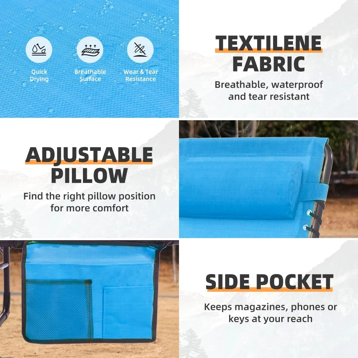Patio Lounge Chair Folding Chaise Bed - Heavy-Duty 400lb Capacity Portable Adjustable Recliner w/Pillow for Pool, Camping, Sunbathing - Lay Flat Design (Light Blue)