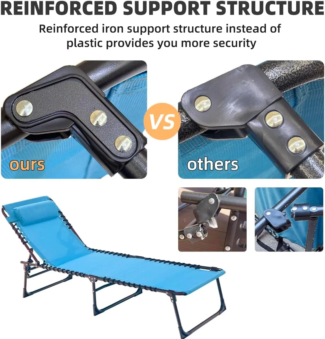 Patio Lounge Chair Folding Chaise Bed - Heavy-Duty 400lb Capacity Portable Adjustable Recliner w/Pillow for Pool, Camping, Sunbathing - Lay Flat Design (Light Blue)