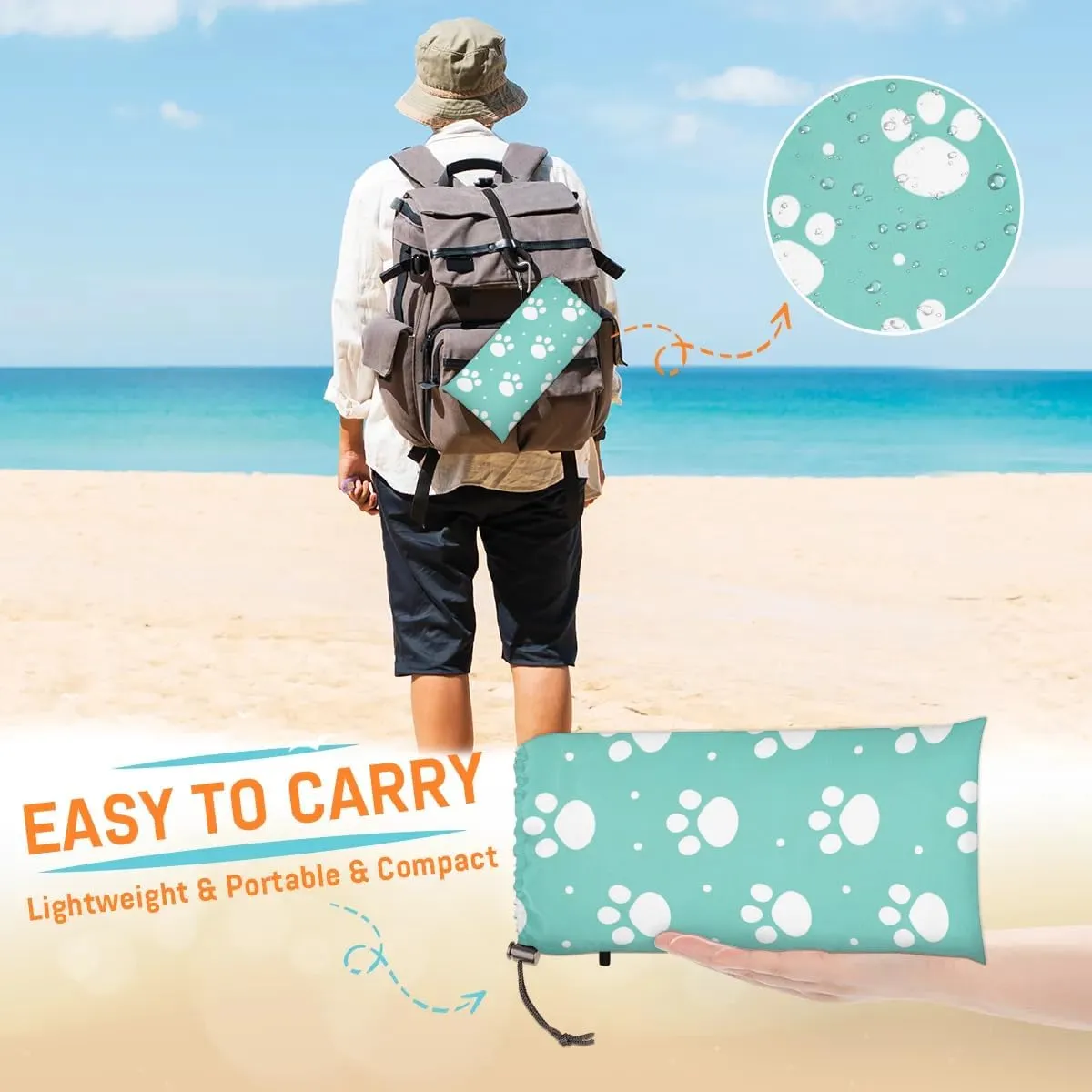 Paw Print Beach Blanket, Sandproof Beach Mat, 68 x 59 Waterproof Quick Drying Sand Free Mat with 4 x Ground Spikes for Outdoor Travel Camping Hiking, Dogs Paw