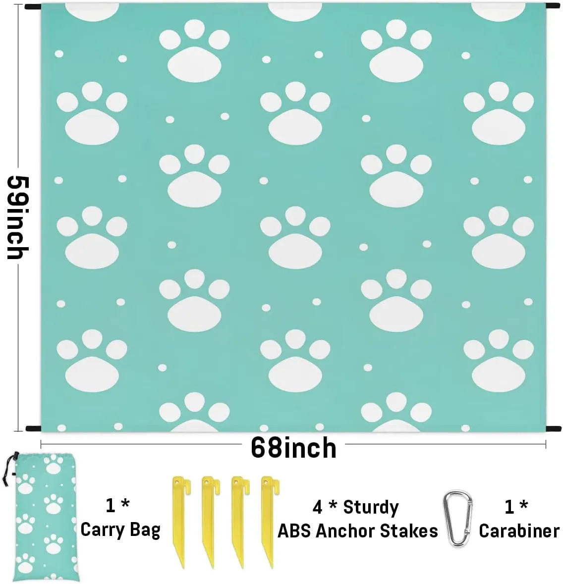 Paw Print Beach Blanket, Sandproof Beach Mat, 68 x 59 Waterproof Quick Drying Sand Free Mat with 4 x Ground Spikes for Outdoor Travel Camping Hiking, Dogs Paw