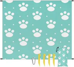 Paw Print Beach Blanket, Sandproof Beach Mat, 68 x 59 Waterproof Quick Drying Sand Free Mat with 4 x Ground Spikes for Outdoor Travel Camping Hiking, Dogs Paw