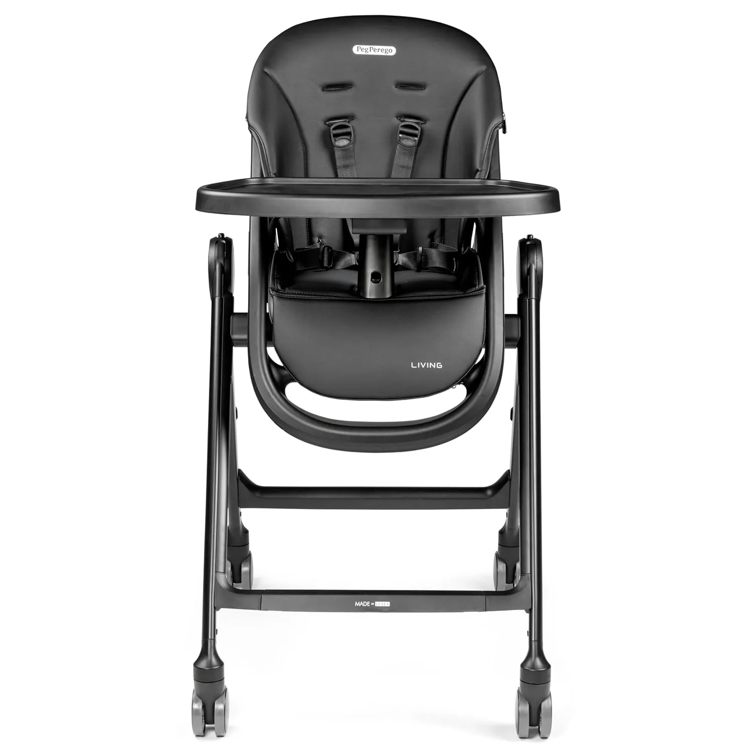 Peg Perego Living, Grow with Baby Folding High Chair & Recliner, Height Adjustable, Quick Clean & Easy Push Wheels for Babies & Toddlers, Made in Italy, True Black